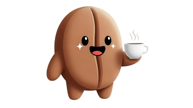 Adorable Coffee Bean Character with Sparkly Eyes Holding a Hot Coffee Cup cartoon mascot isolated on a transparent background