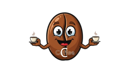 Cartoon coffee bean character holding two cups of coffee with the word Coffee graphic design isolated on a transparent background