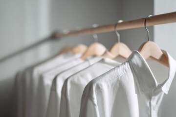 Minimal white shirts hanging on wooden clothing rack with soft natural indoor light
