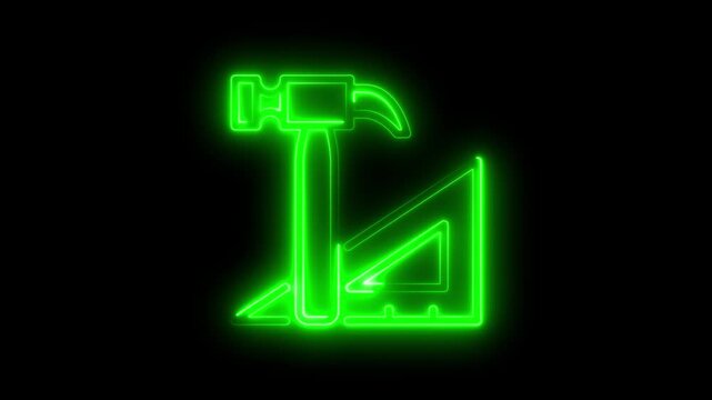 Neon Green Hammer and Triangle Ruler Symbols on Black Background Construction Tools