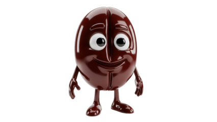 Cartoon Coffee Bean Character with Big Eyes and Smiling Face render isolated on a transparent background