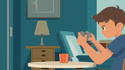 Boy engrossed in video game at home, cartoon illustration