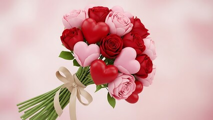 Romantic bouquet of roses and heart shaped flowers illustration