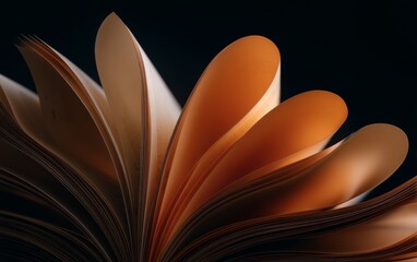 Open book pages forming abstract shapes with warm light on dark background