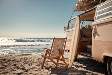 Vintage camper van by ocean with surfboard and beach chair