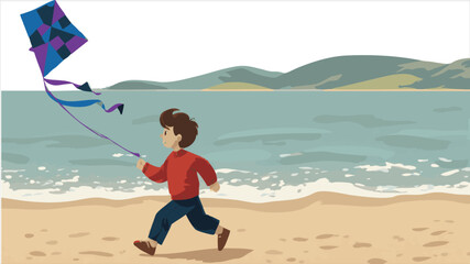 vector Boy running on beach flying kite near ocean waves and mountains