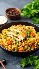 A close-up view of a pan brimming with cooked rice and vegetables, topped with sliced grilled chicken, garnished with green onions