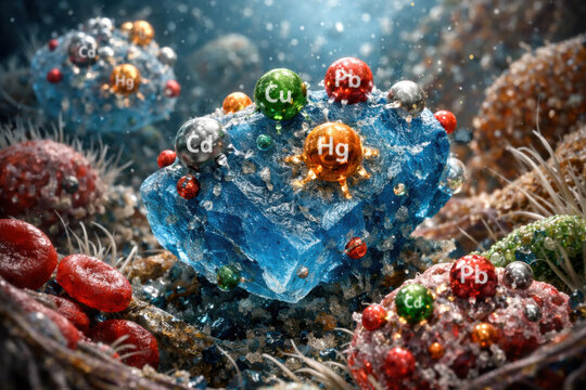 Detailed medical visualization of heavy metal adsorption onto particle. High impact macro view of toxic element contamination like lead and mercury in biological environment