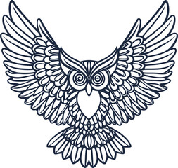 Obraz premium Intricate owl illustration with outstretched wings, detailed feathers and symmetrical line art design