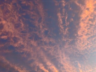 Pink clouds in the evening sky during sunset with soft pastel colors. Natural sky background suitable for wallpapers, nature designs, inspirational visuals, and creative projects.