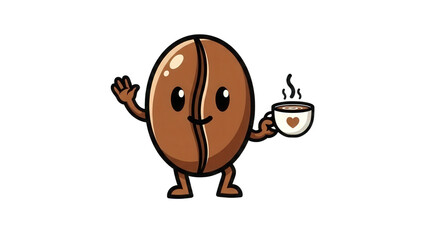 Friendly Waving Coffee Bean Character Holding a Cup of Coffee graphic design isolated on a transparent background