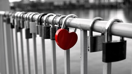 A single red heart shaped lock hangs on a metal fence adorned with multiple locks by a serene body of water symbolizing love and romance in an urban
