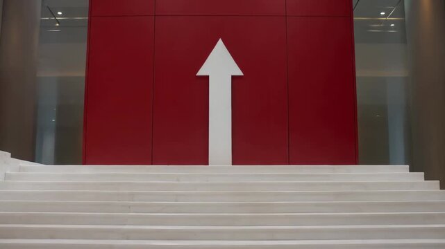Steps lead upward marked by a large arrow in a modern building with a red wall and bright lighting