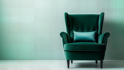 Teal Velvet Armchair With Pillow Against Minimalist Wall
