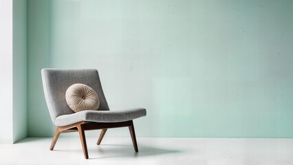 Modern armchair with wooden legs placed against teal wall