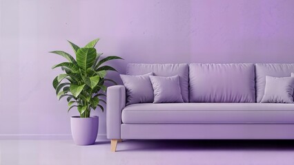 Modern purple sofa with lush indoor plant in minimalist room