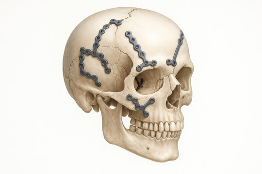 Medical illustration of human skull showing postoperative cranial reconstruction. detailed image features titanium fixation plates for healing serious head trauma