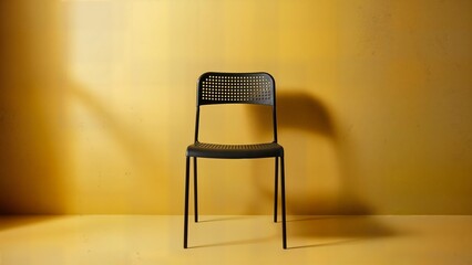 Minimalist black chair standing alone in warm yellow room