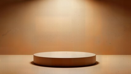 Minimalist beige podium standing on wooden surface in warm light
