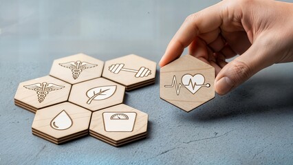 Hand selecting healthcare icons on wooden blocks for services