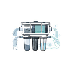 Illustration of a water filtration system with three filter cartridges and blue water flow lines on a white background.