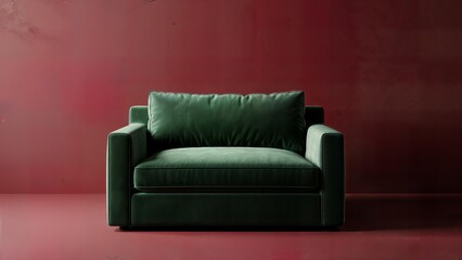 Emerald green velvet sofa positioned against vibrant red wall