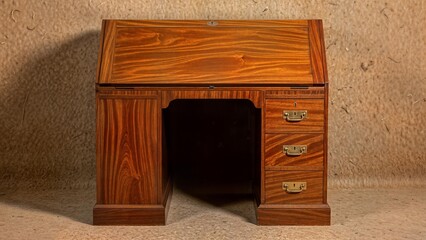 Vintage wooden desk with open compartment and drawers displayed