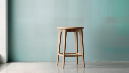Minimalist wooden stool standing in empty pastel room