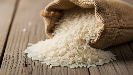 Spilling sack of white rice on rustic wooden surface illustration