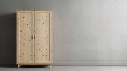 Minimalist wooden cabinet standing against plain gray wall