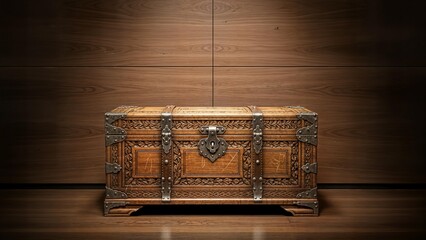 Antique Wooden Chest Resting on Dark Hardwood Floor Display