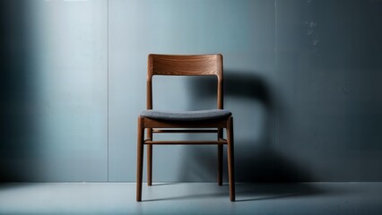 Minimalist wooden chair standing alone in soft light interior