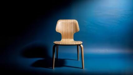 Modern wooden chair standing alone in minimalist blue setting
