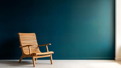 Wooden lounge chair standing alone in minimalist teal room