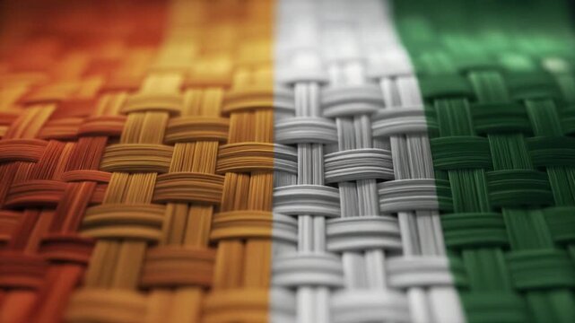 Extreme Close-Up Abstract Woven Textile Texture with Soft Motion in Saffron, White, and Green Creating Detailed Pattern Backgrounds