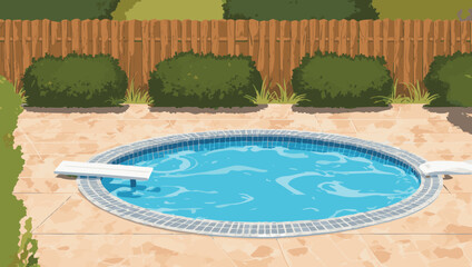 Cartoon swimming pool with diving board and surrounding greenery