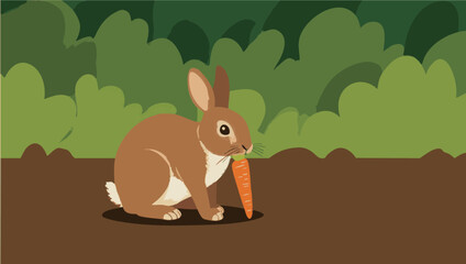 Cute brown rabbit eating a carrot in a forest setting