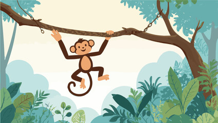 Cute cartoon monkey hanging from a tree branch in the jungle © Asvara