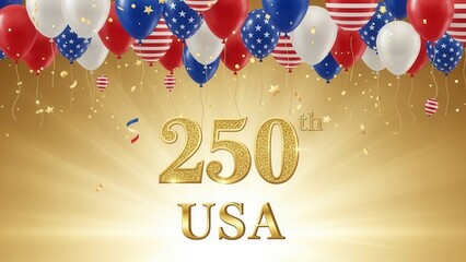 USA 250th Anniversary Celebration Banner with Golden Glitter Numbers and Patriotic Red White Blue Balloons, United States Semiquincentennial Party Poster Background with Festive Confetti.