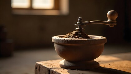 Vintage Manual Coffee Grinder with Fresh Grounds &ndash; Rustic Kitchen Scene in Warm Natural Light