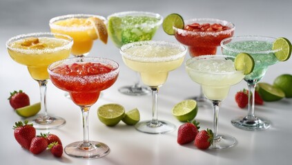 Colorful cocktails in margarita glasses with fruit garnish on a white surface