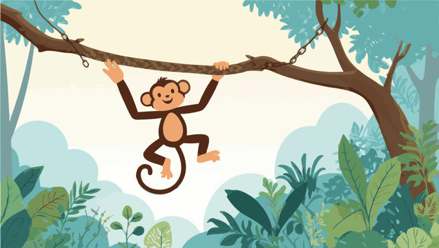 Cute cartoon monkey hanging from a tree branch in the jungle