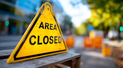 Area closed warning sign display, chemical spill clean-up visualization, dangerous zone representation, spillage procedures dealing, clean-up steps concept, hazardous material management