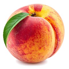A close-up view of a perfectly ripe and delicious peach with a vibrant red and yellow exterior and a green leaf