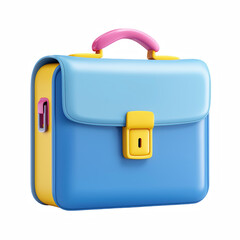 3D cute cartoon blue briefcase with lock and handle isolated on transparent background.