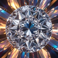 A close-up view of a perfectly cut, multifaceted, round gemstone with a brilliant star-like pattern, surrounded by light reflections