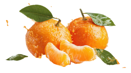 Whole and sliced tangerine with fresh juice splashes isolated on white background for food advertising and creative packaging design
