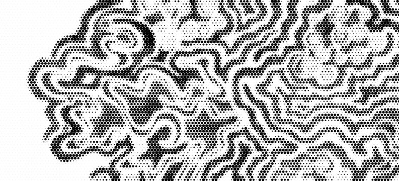 Pixelated bitmap gradient texture. Black and white dither pattern background. Abstract glitchy pattern. 8 bit video game screen wallpaper. Wide raster backdrop. Retro pixel art Illustration