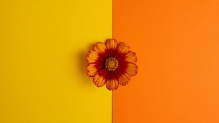 Vibrant orange flower on contrasting yellow and orange background for design and decoration inspiration with colorful and floral
