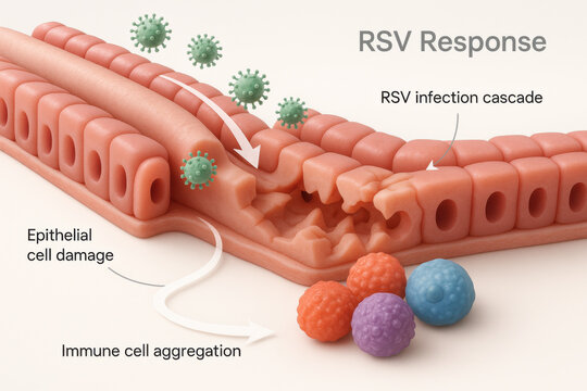 Medical illustration of RSV infection cascade. An airway response showing epithelial cell damage and immune cell aggregation, detailing serious inflammatory progression